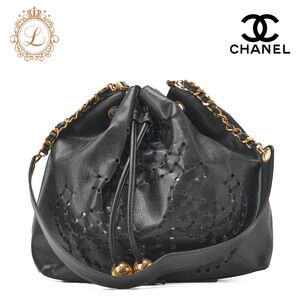 Chanel Triple Coco Drawstring Shoulder Bag Ball Caviar Leather Black